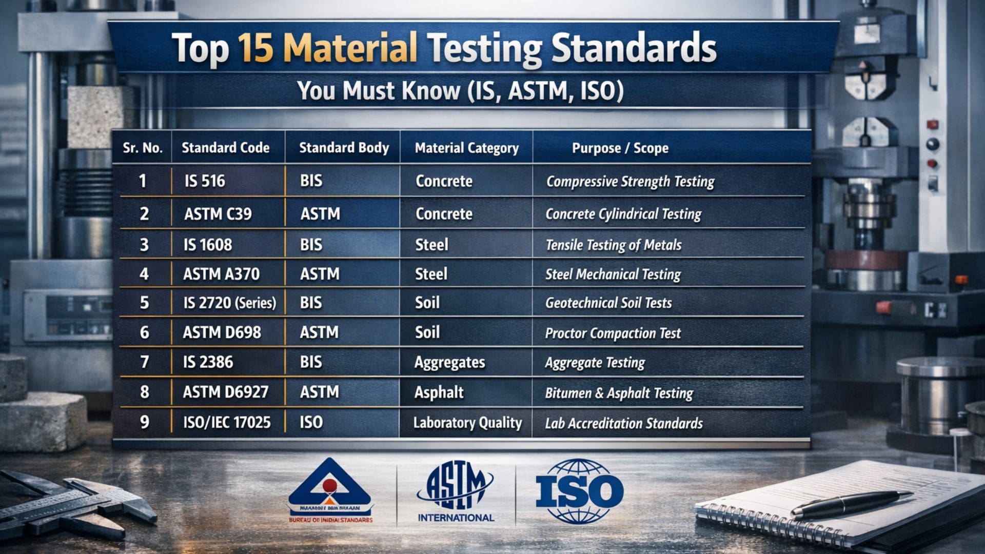 Top 15 Material Testing Standards | IS ASTM ISO | Global Lab India